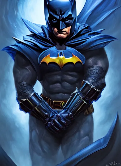 Image similar to portrait of aggressive hellish hazard batman, d & d, muscular! deep blue, magical, fantasy, intricate, elegant, highly detailed, digital painting, artstation, concept art, smooth, sharp focus, illustration, art by artgerm and greg rutkowski and alphonse mucha