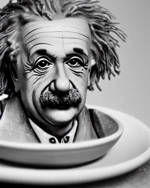 Prompt: a portrait of albert einstein sitting at the dining table with a plate containing string hopper in front of him, highly detailed, trending on artstation, bokeh, 9 0 mm, f / 1. 4