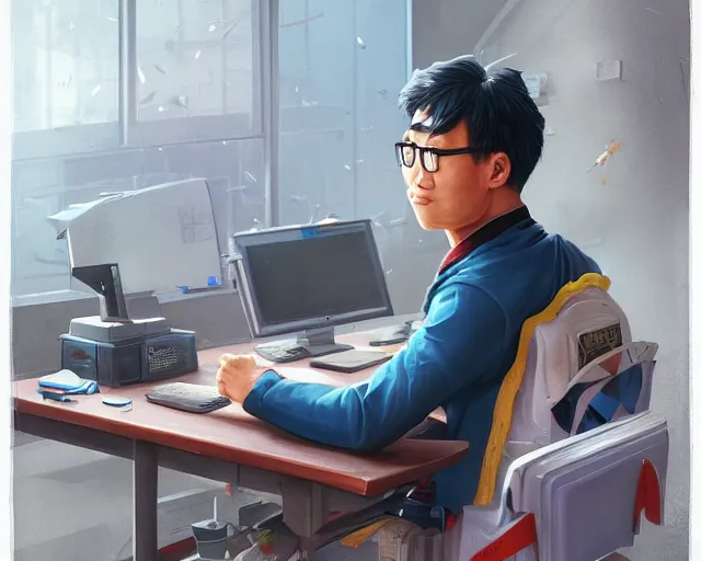 Image similar to an insanely detailed painting of a nerdy asian man wearing a superhero costume, sitting at a desk, staring at the nervously at the computer and typing, in the style of peter mohrbacher, dramatic lighting and composition, octane render, pixar, trending on artstation, concept art, comic book, view from behind