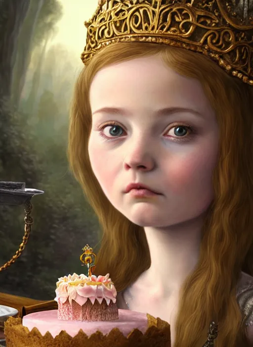 Image similar to highly detailed closeup portrait of an irish fairytale medieval princess eating cake, unreal engine, nicoletta ceccoli, mark ryden, lostfish, earl norem, global illumination, god rays, detailed and intricate environment