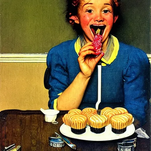 Image similar to An adorable happy woman chews on a candy as a liquid flows from her mouth. Norman Rockwell painting