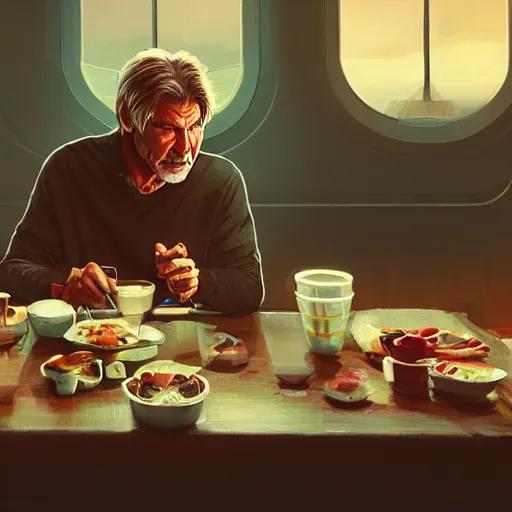 Prompt: harrison ford eating breakfast, colorful, contrast, 3 d scene, greg rutkowski, zabrocki, karlkka, jayison devadas, trending on artstation, 8 k, ultra wide angle, zenith view, pincushion lens effect