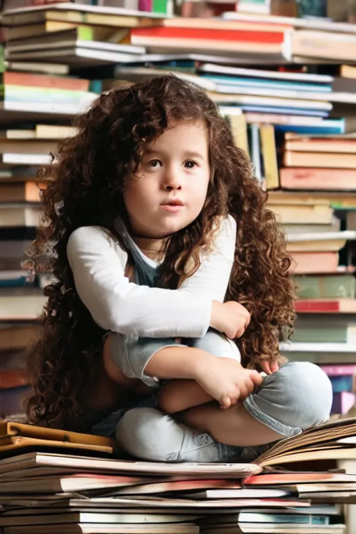 Prompt: a little girl with wavy curly light brown hair sits on a tall pile of books.