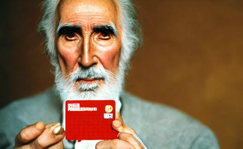 Image similar to movie still close-up portrait of Christopher Lee as a Victorian inventor proudly holding a small red plastic card with holes punched in it, by David Bailey, Cinestill 800t 50mm eastmancolor, heavy grainy picture, very detailed, high quality, 4k, HD criterion, precise texture and facial expression