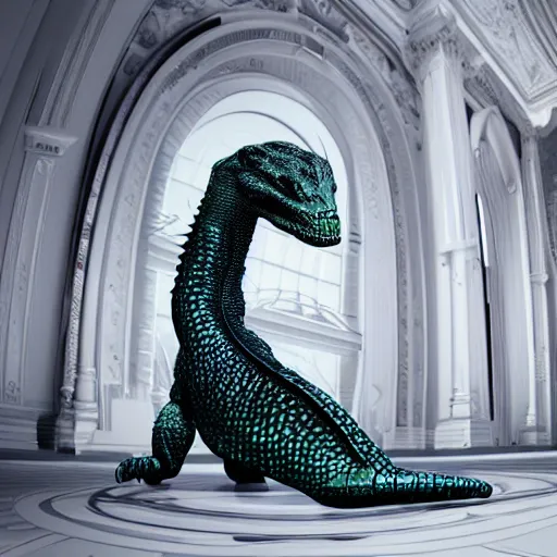 Image similar to photorealistic!! Reptilian techno Music Producer, Balenciaga, 8K, Cinematic lights, perfect shot