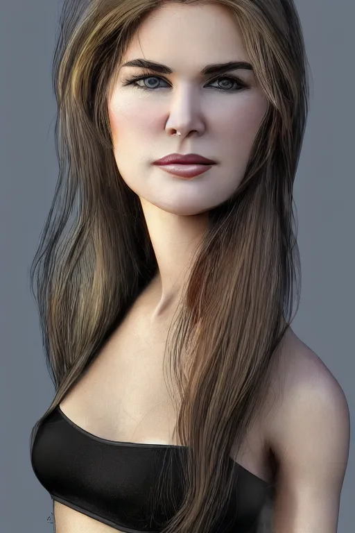 Image similar to mix of beautiful young maria shriver, mariel hemmingway, brooke shields, nicole kidman and elle macpherson as a young bikini model, thin lips, hair tied up in a pony tail, dark blonde hair, colorful, artstation, cgsociety