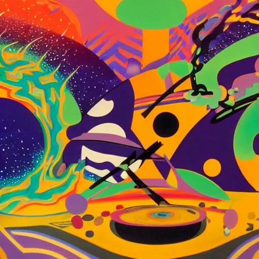 Prompt: Liminal space in outer space by Tomokazu Matsuyama, warm earthly tones, orange green and purple are predomiant