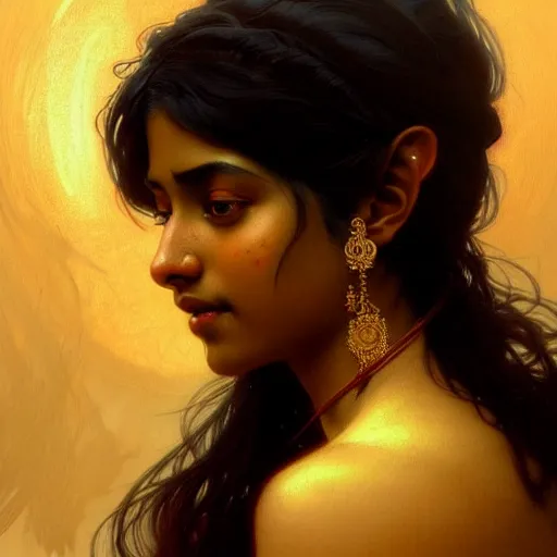 Image similar to Portrait of an indian girl with black hair, brown skin, glowing skin, fantasy, intricate, elegant, highly detailed, digital painting, artstation, concept art, smooth, sharp focus, illustration, art by Krenz Cushart and Artem Demura and alphonse mucha