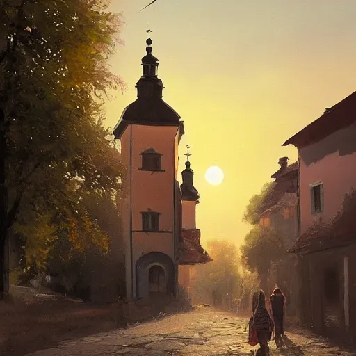 Image similar to a beautiful painting of banska stiavnica in summer with old houses and trees in sunset, sky, people walking on street, unreal engine, by greg rutkowski and james gurney, artstation