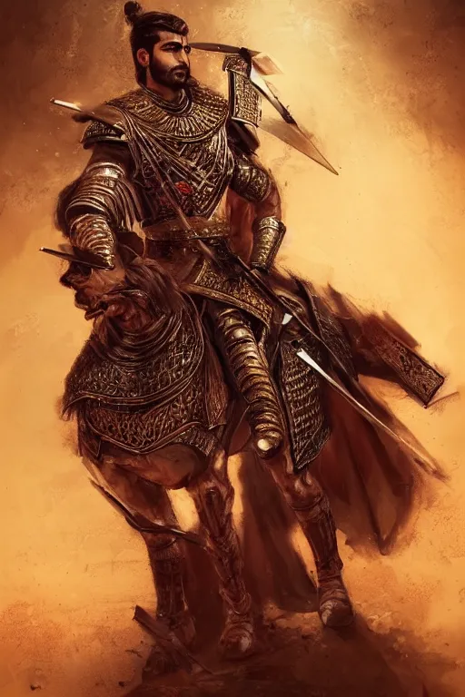 Prompt: portrait of a Persian Prince fighting at war, warrior, brutal battle, handsome prince, shaved face, attractive young man, heroic pose, persian style architecture, dramatic lighting, dark and horror, action and tragedy, dust and blood, intricate, wild, highly detailed, digital painting, artstation, concept art, smooth, sharp focus, illustration, art by artgerm and greg rutkowski and alphonse mucha, footage from space camera