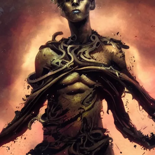 Image similar to All powerful Omnipotent, stunning beauty, young male, norse sun god, painted face, battle damaged, muscled torso, wearing golden robe of thin tentacles, wires, dystopian, dark ambience, in the style of Ashley Wood,