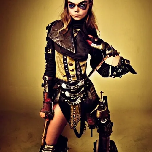 Prompt: full body photo of cara delevingne as a steampunk warrior