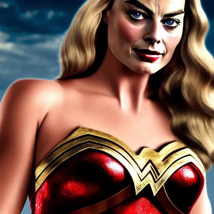 Image similar to full length portrait photograph of a margot robbie as wonder woman, Extremely detailed. 8k