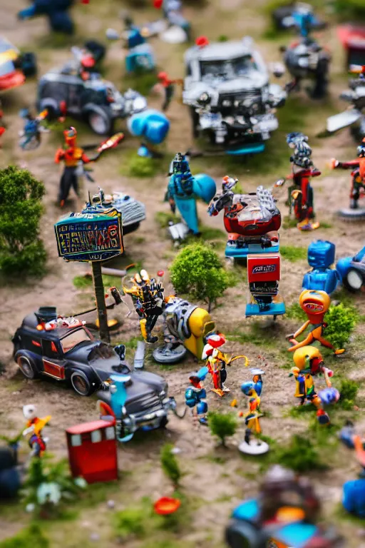 Image similar to high quality presentation photo of a a detailed miniature diorama of retro toy robots invading a detailed model of a 1950s town, photography 4k, f1.8 anamorphic, bokeh, 4k, Canon, Nikon