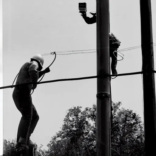 Image similar to A dramatic photo of a an electrician receiving CPR on top of a electric pole after being electrocuted (1967). Two electricians are wearing harnesses. Black and White
