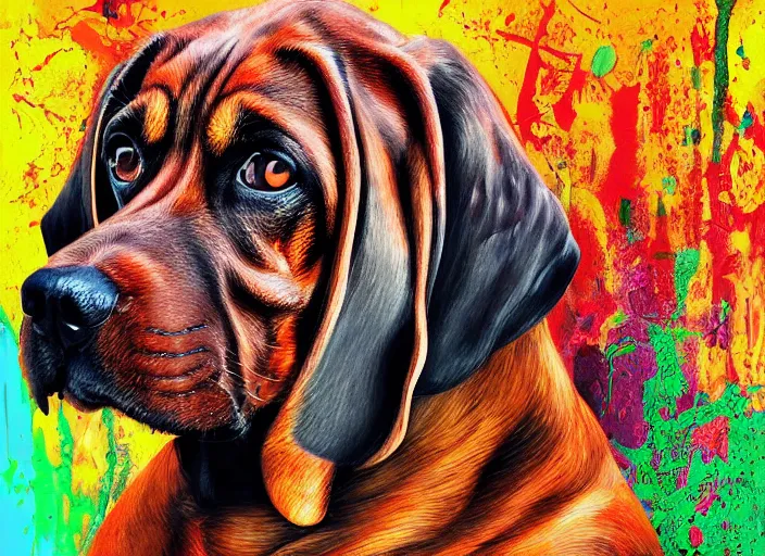 Image similar to a masterpiece painting of a bloodhound, in the style of artur bordalo, digital art, muted colors