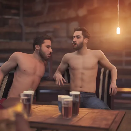 Image similar to cinematic scene with attractive male and another attractive male, no shirts, shorts, drinking their hearts out, in the pub, high definition, very detailed, volumetric lighting, still frame