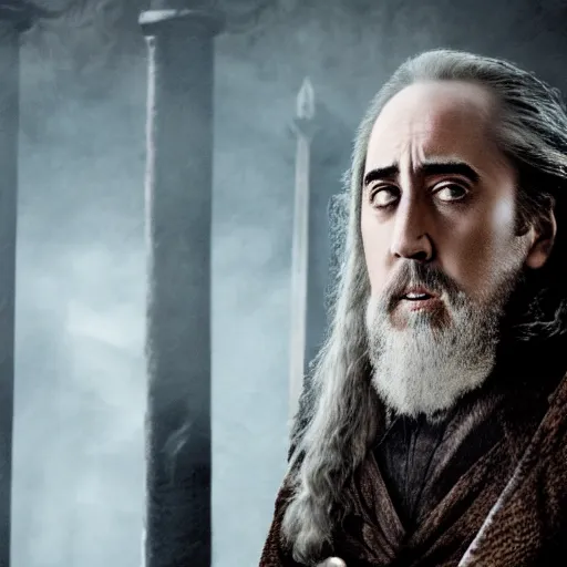 Image similar to drunk nicholas cage as gandalf, detailed, cinematic photo