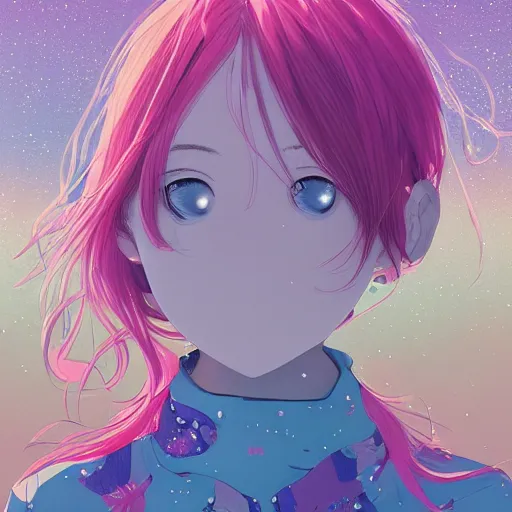 Image similar to a super detailed moe protagonist girl with pink hair in a field by inio asano, beeple and james jean, aya takano color style, 4 k, super detailed, night sky, digital art, digital painting, celestial, majestic, colorful