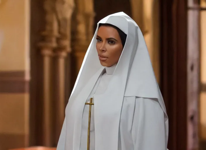 Image similar to a movie still of kim kardashian as a nun with her bust slightly showing. backround : church interior
