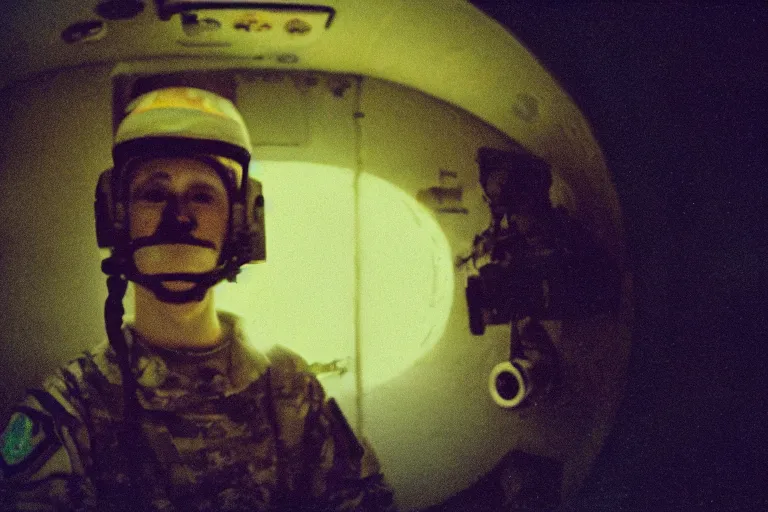 Image similar to a military soldier in outer space, film photography, soft lighting, nostalgia, 8 mm