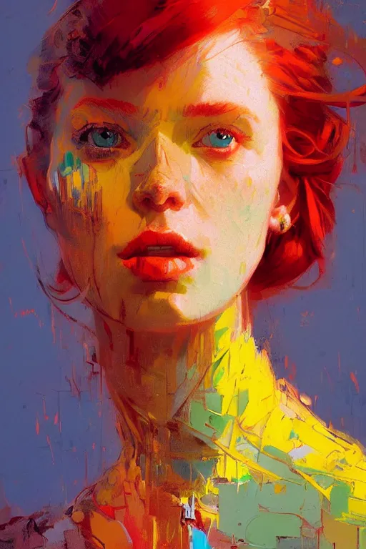 Image similar to portrait of a beautiful redhead girl, complementary colors, beautiful face, rule of thirds, intricate outfit, spotlight, by greg rutkowski, by jeremy mann, by francoise nielly, by van gogh, digital painting