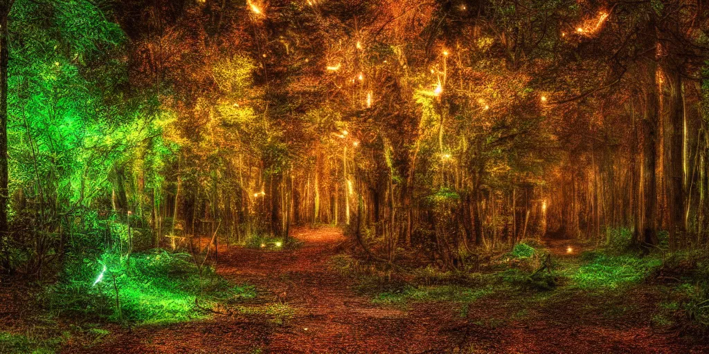 Image similar to The forest path with light lighting it and fireflys, 4k, highly detailed, vivid colors, high definition, Rocha, Andreas