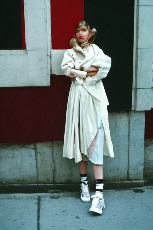 Image similar to high quality realistic street photo of girl, stylish hairstyles, clothes in the style of 1 9 9 0, fashion style clothes from maison margiela and off - white ; kodak ektar, 2 0 0 iso, 3 5 mm lens, bill henson style beautiful chiaroscuro lighting, beautiful colour palette, beautiful and realistic, wide shot