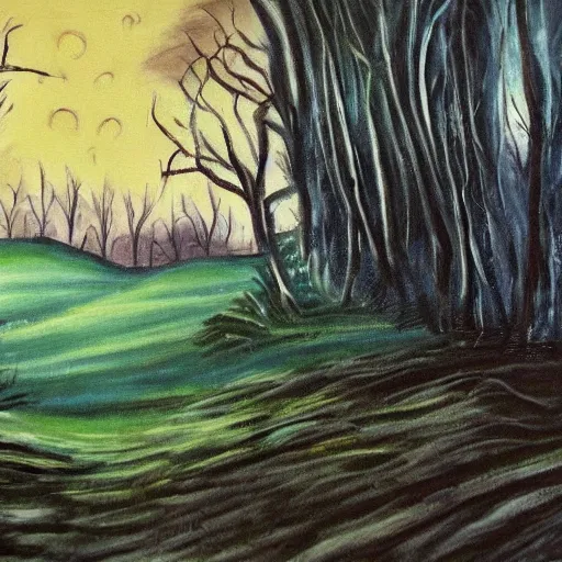 Prompt: painting of a landscape by the blair witch project | horror themed | creepy