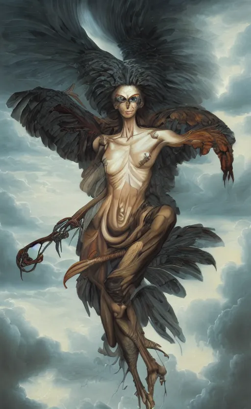 Image similar to an anatomical oil painting of a Harpy from a medical journal by Peter Mohrbacher and Julie Bell, highly detailed, high detail, 8k, storm clouds, birds, dramatic lighting