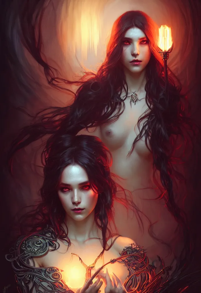 Image similar to Necromancer Sorceress, fantasy magic, undercut hairstyle, dark light night, intricate, elegant, sharp focus, illustration, highly detailed, digital painting, concept art, matte, art by WLOP and Artgerm and Greg Rutkowski and Alphonse Mucha, masterpiece