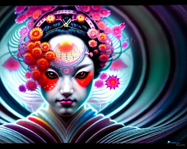 Image similar to a headshot of a geisha offset in the frame, surrounded by fractals, mandalas, cherry blossoms, hadron collider technology, metal gears, swirling bioluminescent energy, art by peter mohrbacher and dan mumford, 8 k octane render, hyperrealistic, zbrush, cinema 4 d