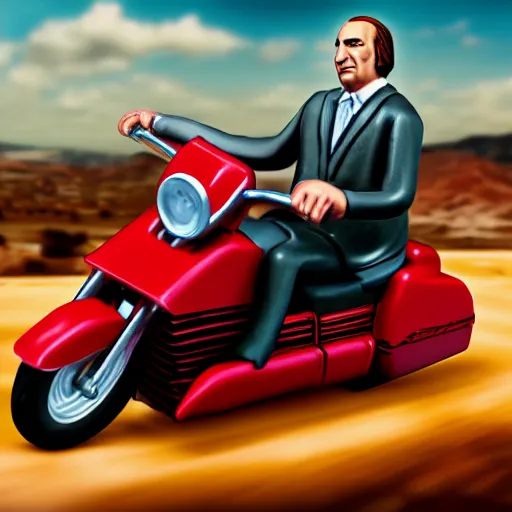 Image similar to Saul Goodman driving a motorcycle, highly detailed, 4k