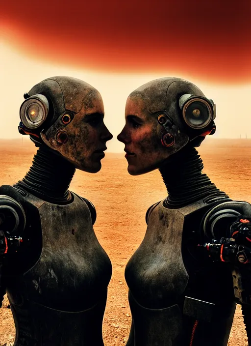 Image similar to cinestill 5 0 d photographic portrait by steve mccurry of two loving female androids wearing rugged black techwear on a desolate plain with a red sky in front of a brutalist structure, extreme closeup, cyberpunk style, dust storm, 8 k, hd, high resolution, 3 5 mm, f / 3 2, ultra realistic faces, ex machina