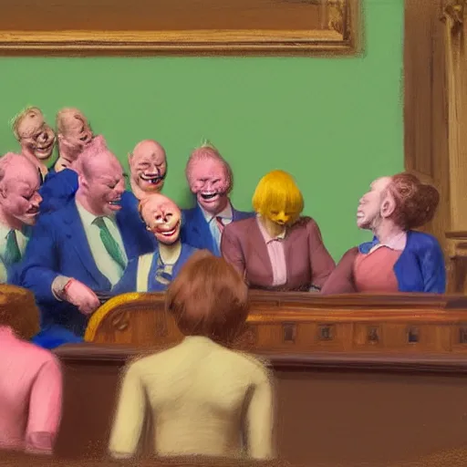 Image similar to a highly detailed beautiful portrait close up hyper realistic photograph of british members of parliament in the house of commons wearing pastel coloured clown costumes with pleasant oversized joyful faces, they are smoking. without visible brushstrokes but in the style of edward hopper, richard hamilton. concept art. green leather benches. photographic. concept. crisp. no artefacts. desaturated. high fidelity facial portrait. 8 k