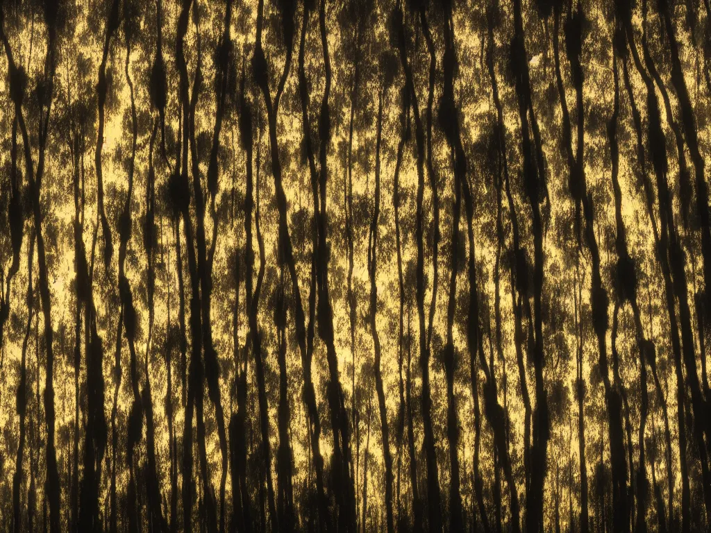 Prompt: double exposure photograph of tens of eucalyptus trees, strong back light, autumn, in the style of edward steichen and klee,