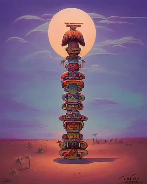 Prompt: a painting of a tribal tiki hut with a totem pole, a surrealist painting by Naoto Hattori, sunset, by Beeple, symmetry, by Makoto Shinkai and Lois van baarle, trending on deviantart, pop surrealism, lowbrow,, whimsical