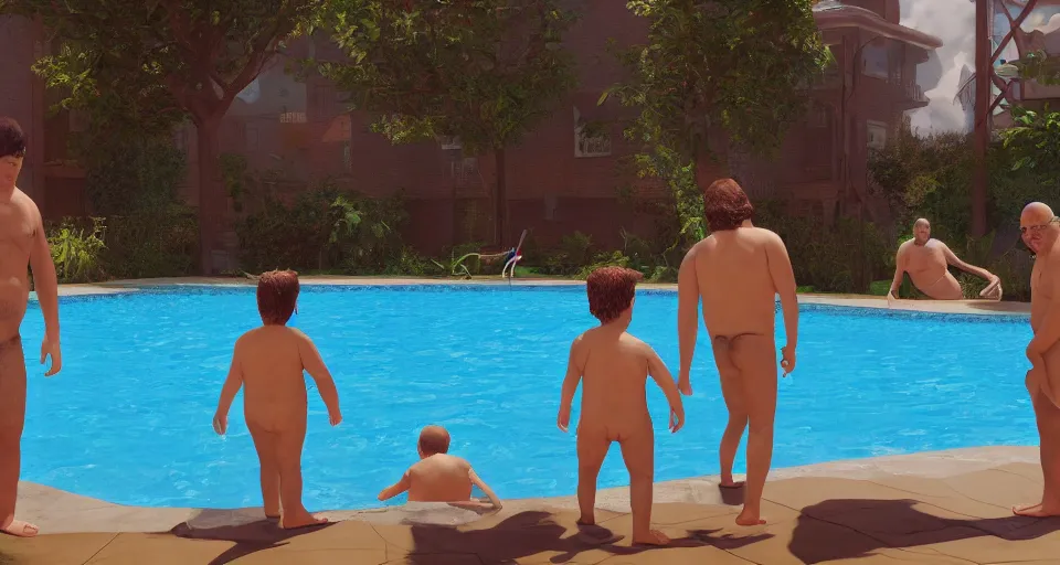 Image similar to digital art painting of exactly three adult brothers and their slightly overweight older father in a swimming pool , unreal 5, DAZ, hyperrealistic, octane render, volumetric clouds dynamic lighting