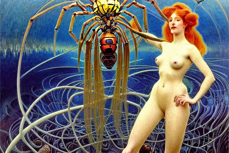 Image similar to realistic extremely detailed portrait painting of a fully dressed woman with a giant spider, futuristic sci-fi landscape on background by Jean Delville, Amano, Yves Tanguy, Alphonse Mucha, Ernst Haeckel, Edward Robert Hughes, Roger Dean, rich moody colours, blue eyes