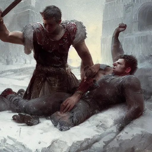 Image similar to brutus, regretting his actions, kneeling over the body of julius caesar, fantasy art by greg rutkowski