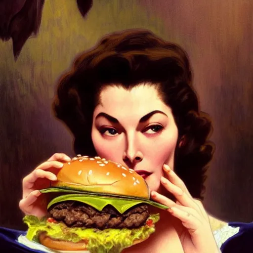 Prompt: painted portrait of ( ( ( ava gardner ) ) ) eating giant hamburgers, mature, handsome, fantasy, intricate, elegant, highly detailed, digital painting, artstation, concept art, sharp focus, illustration, illumination, holy ethereal light, art by gaston bussiere and alphonse mucha