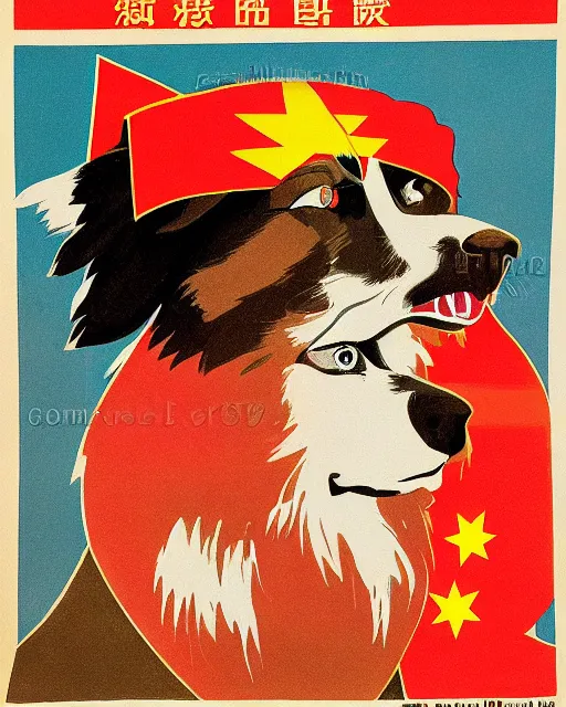 Image similar to communist propaganda poster of an australian shepherd soldier, communist china art