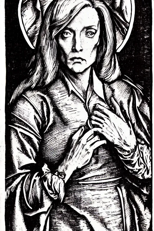 Prompt: dana scully of the apocalypse, pen and ink illustration / renaissance woodcut by albrecht durer 1 4 9 6, 1 2 0 0 dpi scan, ultrasharp detail, hq scan, intricate details, stylized border