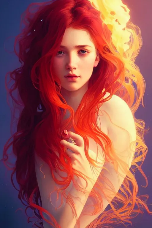 Image similar to a beautiful girl with hair made of fire, fantasy, portrait, sharp focus, intricate, elegant, digital painting, artstation, matte, highly detailed, concept art, illustration, ambient lighting, art by ilya kuvshinov, artgerm, Alphonse mucha, and Greg Rutkowski