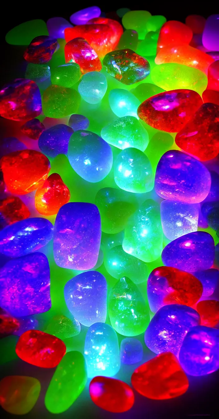 Prompt: realistic photo of colorful transparent stones, glowing light from behind, very sharp focus, in the style of greg rutswoski, very hyper realistic, highly detailed, fantasy art station