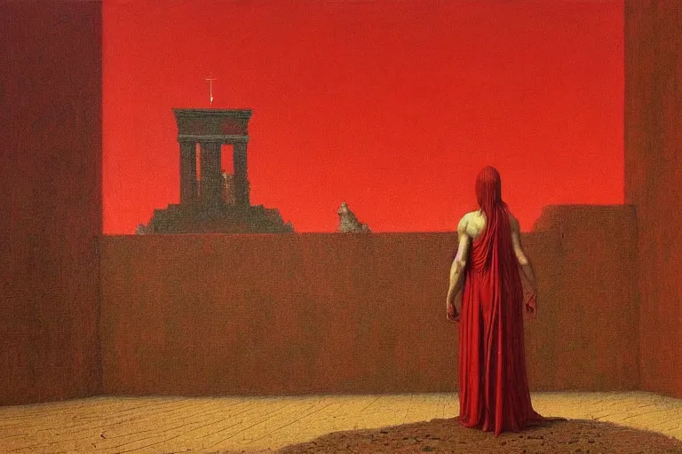 Image similar to only with red, caesar after win war, the deal, a red tiger, in hoc signo vinces, rome in background, an ancient path, in the style of beksinski, part by hopper, part by rodcenko, part by hofbauer, intricate composition, red by caravaggio, insanely quality, highly detailed, masterpiece, red light, artstation