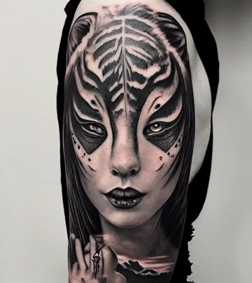 Image similar to tattoo design on white background of a beautiful girl warrior below a tiger head, hyper realistic, realism tattoo, by eliot kohek, beautiful eyes, realistic face, black and white