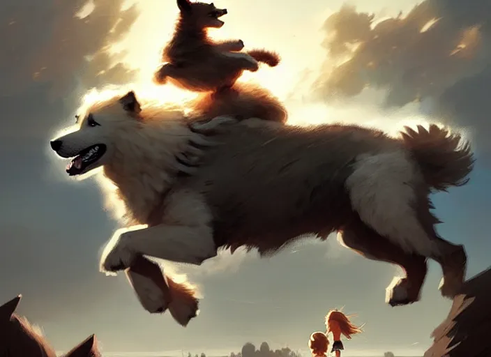 Image similar to comic book cover. heroic giant samoyed dog being ridden by a small young girl by greg rutkowski, trending on artstation