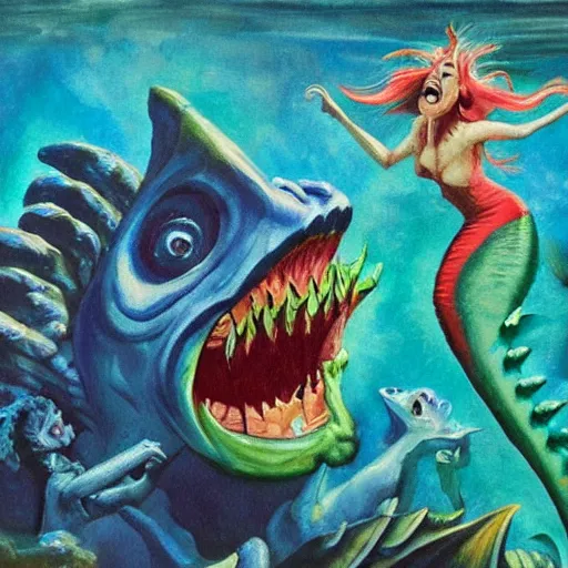 Image similar to painting of an underwater goblin with huge teeth chasing a mermaid in the style of expressionism