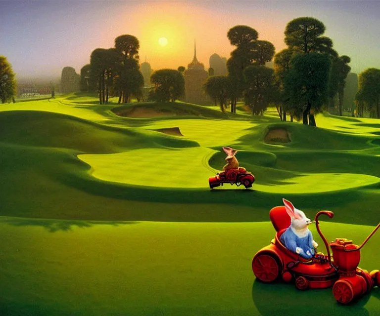 Image similar to hyper detailed 3d render like a Oil painting - a cartoon rabbit riding a lawnmower across a golf course at dawn, by Jacek Yerka, Mariusz Lewandowski, Houdini algorithmic generative render, Abstract brush strokes, Masterpiece, Edward Hopper and James Gilleard, Zdzislaw Beksinski, Mark Ryden, Wolfgang Lettl, hints of Yayoi Kasuma, octane render, 8k